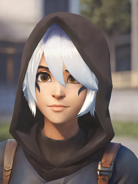 Close up professional head shot portrait of Kiriko, cute big brown eyes, rogue, extremely detailed eyes, detailed iris, happy, black hood, white colored hair, bokeh, depth of field, symmetry, <lora:Kiriko_SDXL_2:1>