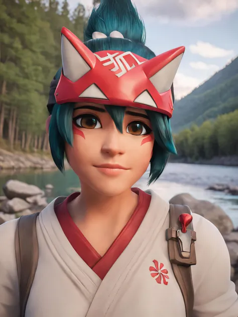 extremely detailed headshot picture of Kiriko, cute big brown eyes, red fox mask, extremely detailed eyes, detailed iris, happy, dark brown turquoise colored hair, forestry background, river, stones, bokeh, depth of field, symmetry, <lora:Kiriko_SDXL_2:1>