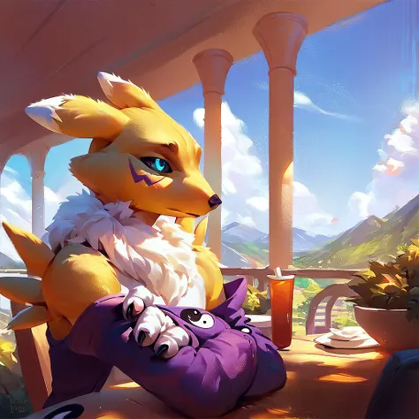 (score_9, score_8_up, score_7_up, score_6_up), rating_safe, solo, (source_furry), anthro, male, renamon, (detailed background, amazing_background, scenery porn, restaurant, day) <lora:spectrumshift-v1e400>, digital painting \(artwork\)