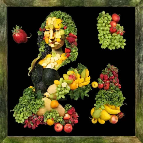 Arcimboldo-style painting, the upper body of a naked woman formed from a collection of vegetables