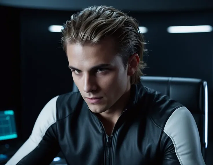 cinematic film still Nonchalant flyweight Sci-fi Male Hacker of Technology, his hair is Two-Tone, key visual, shallow depth of field, vignette, highly detailed, high budget Hollywood film, cinemascope, moody, epic, gorgeous,