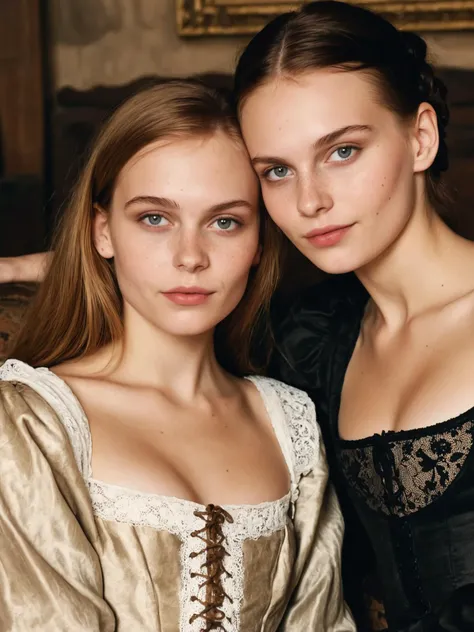 vintage low quality photograph, extreme close up of two different hugging estonian young women with high cheekbones sitting on couch in stylish medieval room, laces, delicate freckles, seductive smirk, dark night, medieval style, grainy, sepia, low exposure, lowkey, low saturation, full sharp, intricate medieval background