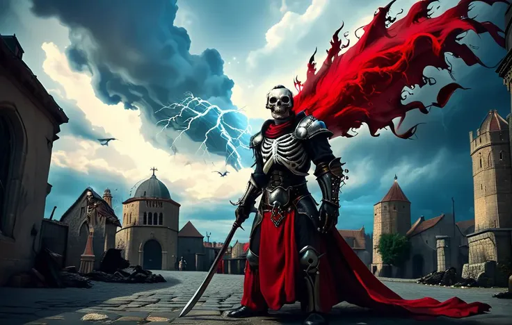 cinematic film still . <lora:EldritchRomanceIllustration_0.9.1:0.8><lora:Michelangelo_Michelangelo_Paintings_High_Renaissance-000008:0.8> <lora:ZenkaiXL-v0.2:0.8>Clothing red necromancer wizard lstanding in medieval city surrounded by skeleton warriors <lora:3g3Kl0st3rXL-000006:0.8> 3g3Kl0st3rXLDramatic Sky cloud with thunder . shallow depth of field, vignette, highly detailed, high budget, bokeh, cinemascope, moody, epic, gorgeous, film grain, grainy