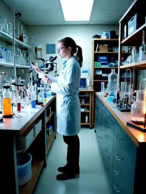 11) A human scientist stands inside her laboratory surrounded by various scientific instruments all buzzing & flashing simultaneously as she examines data collected from recent experiments trying better understand properties water - one of most important elements life itself...or perhaps something else entirely? She's not sure yet, but willing go wherever path takes next since curiosity is what drives everything forward here and now.