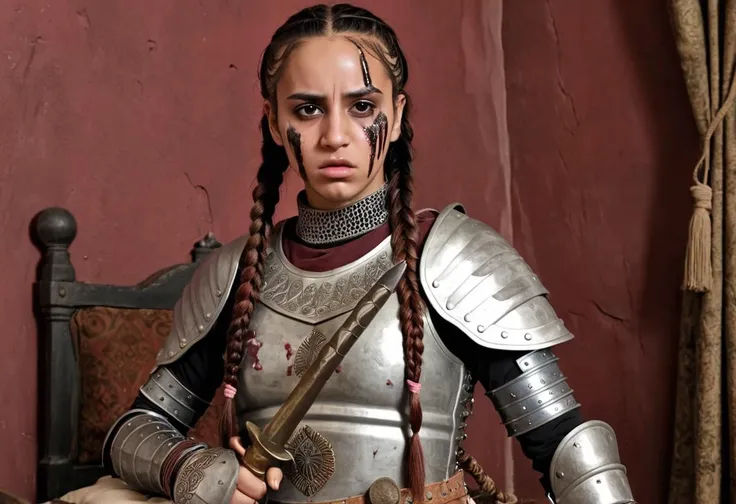 4K photograph, battlescarred face, 25 year old Afghan female warrior with Antique Rose Box braids using a Dart weapon and wearing Tabard armor, Noble's Bedroom background depicting the aftermath of a fierce conflict,