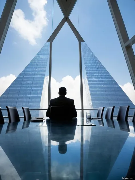 19) In the heart of sprawling metropolis with tallest buildings reaching far into cloud cover above stands imposing structure resembling large pyramid surrounded entirely glass that reflects blue hues coming off bright sky overhead, one individual sitting inside boardroom holding meeting about potential new projects currently being proposed - which seems like perfect place start creating next chapter their lives no matter how busy things may appear right now...