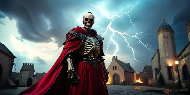 cinematic film still . <lora:EldritchRomanceIllustration_0.9.1:0.8><lora:Michelangelo_Michelangelo_Paintings_High_Renaissance-000008:0.8> <lora:ZenkaiXL-v0.2:0.8>Clothing red necromancer wizard lstanding in medieval city surrounded by skeleton warriors <lora:3g3Kl0st3rXL-000006:0.8> 3g3Kl0st3rXLDramatic Sky cloud with thunder . shallow depth of field, vignette, highly detailed, high budget, bokeh, cinemascope, moody, epic, gorgeous, film grain, grainy