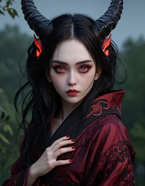 a gorgeous japanese girl,ominous,beautiful face,beautiful features,glowing bright red eyes,red pupils,seductive stare,huge demon horns,adorned horns,black sclera,pale skin,black eyeshadow,thick red eyeliner,red lipstick,thick eyelashes,beautiful black hair,dark red gemstone in forehead,dark red jewelry,wearing a black kimono,long red fingernails,red linework around the character,(darkred moon behind the character:1.1),drapery dress,dark red cloak,looking down at the viewer,solo,narrow waist,inviting,
<lora:aesthetic>,aesthetic,<lora:clothing_slider_v19:7>,<lora:detailed_notrigger:1.2>,dark theme,low light,<lora:Bio-Luminescence:0.8>,bioluminescent,glowing,close-up,<lora:Perfect Hands:0.8>,Perfect Hands,,
high resolution,extreme detail