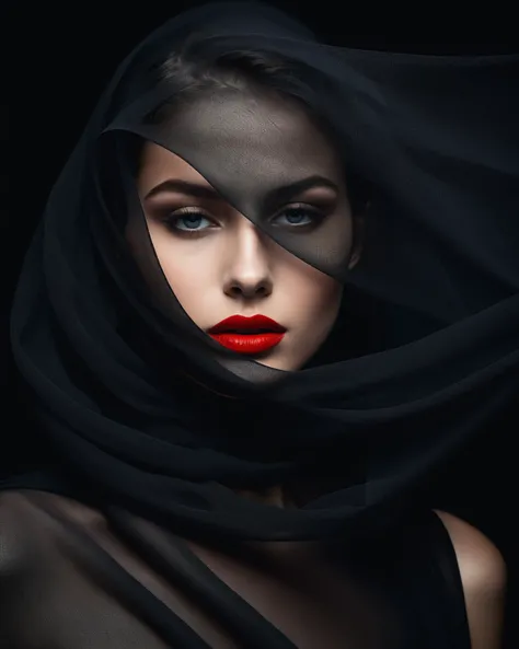 In this masterpiece of photography, captured by a Fujifilm camera, a minimalist black background serves as the canvas for an exquisite portrait. The woman's face emerges, partially obscured by sheer black transparent flowing fabric, creating an enigmatic and mysterious atmosphere. Sharp red lipstick accentuates her lips, adding a striking contrast against the dark tones of the composition. With ultra-realistic precision, every detail is rendered in insanely high resolution, realistic skin texture and pores, making the image come alive in 8K HDR. The subtle gradient backdrop enhances the tranquil yet evocative aura, while the conceptual portraiture delves into the depths of perception. This stunning portrayal, enriched with a play on perception and visual metaphor, transports the viewer into a realm of surreal calm, where the beauty of minimalist abstraction meets the complexity of the human psyche.