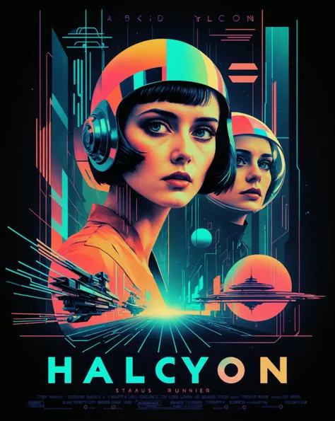 women, flat shading, bizarre technology, title text reads "HALCYON", faded colors, faded bright colors, cyber-inspired typography, futuristic imagery, retrofuturism graphic designe, Holographic and Reflective Elements, Geometric Influences, strait lines, space thriller poster, Bauhaus, shapes, lines, abstract, Bladerunner, Cyberpunk