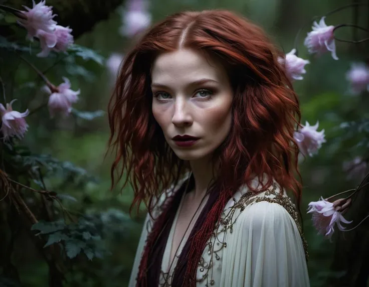 photograph, stylized by Meryl McMaster, portrait, close up of a (Daria:1.1) , her hair is Auburn, moody lighting, Nikon d850, L USM, "Silent footfalls in the garden of possibilities, where dreams take root, and miracles blossom into reality.", extremely detailed CG Unity 8k wallpaper, photo, close-up