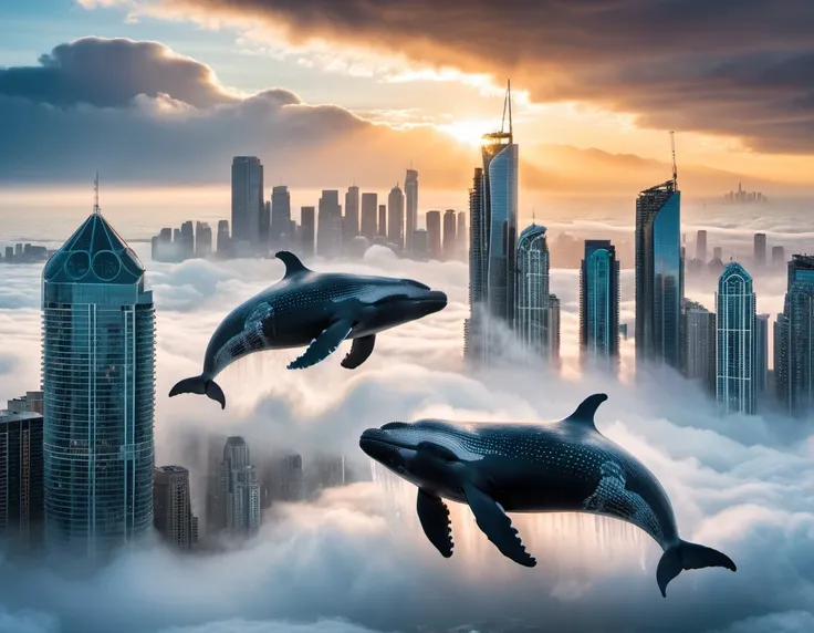 Within a futuristic cityscape suspended in the clouds, levitating whales composed of pure energy soar gracefully between skyscrapers. Photographed with an 85mm f/1.4 lens, the ethereal glow of the energy whales and the urban panorama create a mesmerizing image that challenges conventional notions of reality, 6K resolution, UHD, DSLR, Insane details, award-winning photo, <lora:WildcardX-XL-Detail-Enhancer:1>