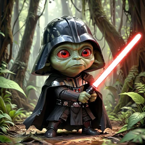 chibi knight, Caricaturized Darth Yoda (wielding with his red glowing lightsaber:1.3), used torn clothes, (wearing Darth Vader helmet and mask:1.5), helmet has holes for the ears, black mascara rings around eyes, a dagobah swamp like background, <lora:XL_Chibi_Knights_-_by_HailoKnight:0.35>, <lora:WildcardX-XL-Detail-Enhancer:0.8>, <lora:add-detail-xl:0.8>, <lora:Cute_3D_Cartoon:0.5>, <lora:SDXL-Caricaturized-Lora:0.5>, 3d, realistic, unreal5