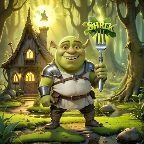 chibi knight, Caricaturized of smiling Shrek is (presenting his magical glowing (fork):1.3), a house in the swamp like background, <lora:XL_Chibi_Knights_-_by_HailoKnight:0.35>, no armor, <lora:WildcardX-XL-Detail-Enhancer:0.8>, <lora:add-detail-xl:0.8>, <lora:Cute_3D_Cartoon:0.3>, <lora:SDXL-Caricaturized-Lora:0.3>