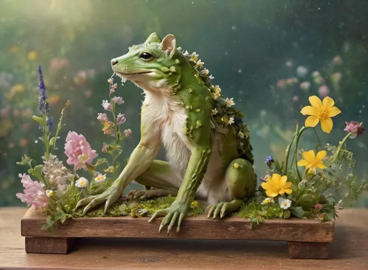 Dreamscape photo, realism, detailed
life fantasy  (wolf:.5:frog:.4) sitting, on intricate board, looking happy, picking flowers
 . Surreal, ethereal, dreamy, mysterious, fantasy, highly detailed