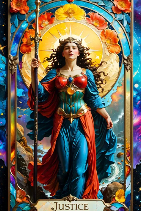 Art Nouveau Style, Justice, major arcana tarot card, "Justice", magical ink, magic qualities, chipped, peeling, cracked, colorful, saturated, textured, luminism, ultra highly detailed, 32k, fantastic realism, complex background, dynamic lighting, highly detailed, intricate, painting, colorful, saturated, textured, luminism, ultra highly detailed, 32k, fantastic realism, complex background, dynamic lighting, highly detailed, intricate, painting, (digital art by Archibald Thorburn and Alfons Purtscher:1.2), aesthetic of realism, newfangled marvelous opus, precise details, future-proof atmosphere, (balanced center composition, :0.1), <lora:xl_more_art-full_v1:0.5> <lora:MJ52:0.5>