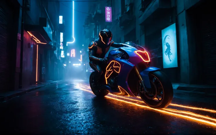a cyan scifi sportscar futuristic concept motorcycle, (TRON rider:1.4), curvy and aerodynamic, Kowloon walled city narrow winding alleyway, light speed, flash, heavy rain, motion trail, a shining star(sun) in the background, (speed lines:1.1), (motion blur:1.1), high contrast, deep focus, TRON, style by Ridley Scott, Cyberpunk 2077, Bladerunner, fog, mist, epic visual effects, arc lightning, underglow, interstellar, flow, detailed, scifi, extremely detailed textures, star blast, dark vibrant colors, cosmic art, stars in background, headlights, cinematic scene, lens flare, cinematic color grading, film still, god rays, glow, art of Doug Chiang and John Park glowneon, fuji cinestill, light leak, glowing, sparks, lightning, ultra detailed <lora:add-detail-xl:2>, dramatic lighting <lora:blacklight_makeup_v2:1> ultraviolet blacklight reactive paint, powerlines, catwalks, alleyway <lora:SDS_Contrast tool_XL:0.8>
