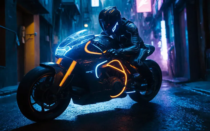 a cyan scifi futuristic concept motorcycle, (TRON rider:1), curvy and aerodynamic, Kowloon walled city narrow winding alleyway, light speed, flash, heavy rain, motion trail, a shining star(sun) in the background, (speed lines:1.1), (motion blur:1.1), high contrast, deep focus, TRON, style by Ridley Scott, Cyberpunk 2077, Bladerunner, fog, mist, epic visual effects, arc lightning, underglow, interstellar, flow, detailed, scifi, extremely detailed textures, star blast, dark vibrant colors, cosmic art, stars in background, headlights, cinematic scene, lens flare, cinematic color grading, film still, god rays, glow, art of Doug Chiang and John Park glowneon, fuji cinestill, light leak, glowing, sparks, lightning, ultra detailed <lora:add-detail-xl:2>, dramatic lighting <lora:blacklight_makeup_v2:1> ultraviolet blacklight reactive paint, powerlines, catwalks, alleyway <lora:SDS_Contrast tool_XL:0.8>