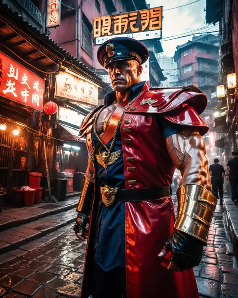 4K portrait photograph of muscular (M Bison from Street Fighter:1.1) in red military uniform with hat in cyberpunk Kowloon Walled city at sunset, Cyberpunk 2077, narrow alley, Bladerunner, backlit, wet cobblestone street, (cinematic lighting:1.3), soft cinematic light, low shot from street level, adobe lightroom, photolab, hdr, immense detail, extreme detail, photorealism, professional photography, shiny, droplet splashes, depth of field  <lora:2077_Style:0.8> <lora:add-detail-xl:1>