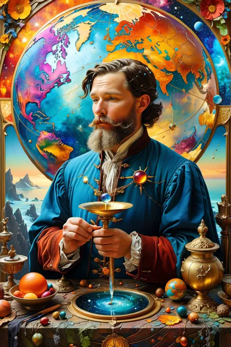 Art Nouveau Style, ((The World)), major arcana tarot card, "The World", magical ink, magic qualities, grand Planetary Reliquary being tended to by a man, chipped, peeling, cracked, colorful, saturated, textured, luminism, ultra highly detailed, 32k, fantastic realism, complex background, dynamic lighting, highly detailed, intricate, painting, colorful, saturated, textured, luminism, ultra highly detailed, 32k, fantastic realism, complex background, dynamic lighting, highly detailed, intricate, painting, (digital art by Archibald Thorburn and Alfons Purtscher:1.2), aesthetic of realism, newfangled marvelous opus, precise details, future-proof atmosphere, (balanced center composition, :0.1), <lora:xl_more_art-full_v1:0.5> <lora:MJ52:0.5>
