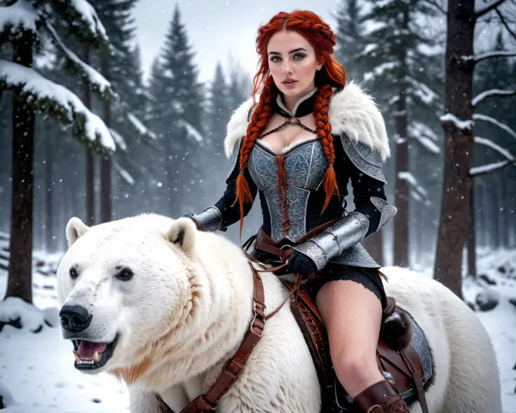a photograph of a beautiful young Ana de Armas as a warrior mage woman with red hair in the snow with snowflakes around her, (full body:1.2), bare thighs, (nude:0.8), (riding a ferocious giant white warbear:1.2), fierce, wide-angle lens, saddle, harness, reins, photorealistic, battle damaged filigree armor, french braid hairstyle, HD textures, (realistic skin texture and pores:0.6), (freckles:0.6), enchanting, gothic, highly detailed, fantasy art, best quality, 8K, dark snowstorm