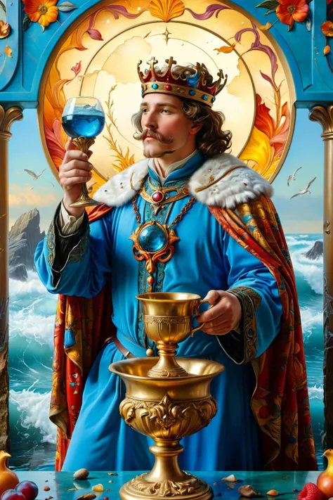 Art Nouveau Style, The King of Cups, major arcana tarot card, "The King of Cups", magical ink, magic qualities,, chipped, peeling, cracked, colorful, saturated, textured, luminism, ultra highly detailed, 32k, fantastic realism, complex background, dynamic lighting, highly detailed, intricate, painting, colorful, saturated, textured, luminism, ultra highly detailed, 32k, fantastic realism, complex background, dynamic lighting, highly detailed, intricate, painting, (digital art by Archibald Thorburn and Alfons Purtscher:1.2), aesthetic of realism, newfangled marvelous opus, precise details, future-proof atmosphere, (balanced center composition, :0.1), <lora:xl_more_art-full_v1:0.5> <lora:MJ52:0.5>