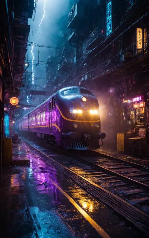 a scifi futuristic concept steam train, curvy and aerodynamic, Kowloon walled city narrow winding alleyway, light speed, flash, heavy rain, motion trail, a shining star(sun) in the background, (speed lines:1.1), (motion blur:1.1), high contrast, deep focus, TRON, style by Ridley Scott, Cyberpunk 2077, Bladerunner, fog, mist, epic visual effects, arc lightning, underglow, interstellar, flow, detailed, scifi, extremely detailed textures, star blast, dark vibrant colors, cosmic art, stars in background, headlights, cinematic scene, lens flare, cinematic color grading, film still, god rays, glow, art of Doug Chiang and John Park glowneon, fuji cinestill, light leak, glowing, sparks, lightning, ultra detailed <lora:add-detail-xl:2>, dramatic lighting <lora:blacklight_makeup_v2:1> ultraviolet blacklight reactive paint, powerlines, catwalks, alleyway <lora:SDS_Contrast tool_XL:0.8>
