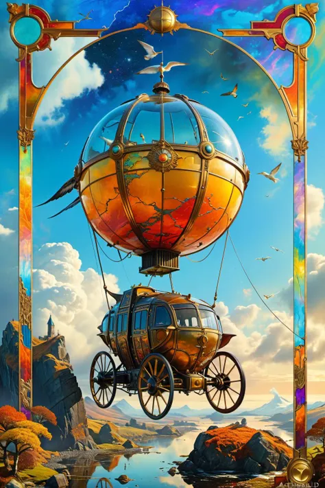 Art Nouveau Style, The Chariot, major arcana tarot card, "The Chariot", magical ink, magic qualities, a flying vehicle, steampunk, atompunk, dieselpunk, chipped, peeling, cracked, colorful, saturated, textured, luminism, ultra highly detailed, 32k, fantastic realism, complex background, dynamic lighting, highly detailed, intricate, painting, colorful, saturated, textured, luminism, ultra highly detailed, 32k, fantastic realism, complex background, dynamic lighting, highly detailed, intricate, painting, (digital art by Archibald Thorburn and Alfons Purtscher:1.2), aesthetic of realism, newfangled marvelous opus, precise details, future-proof atmosphere, (balanced center composition, :0.1), <lora:xl_more_art-full_v1:0.5> <lora:MJ52:0.5>