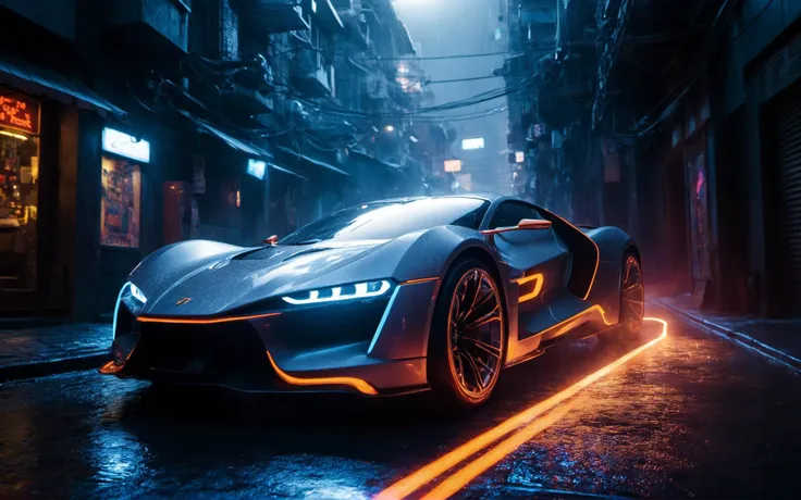 a grey scifi futuristic concept sports car, (TRON rider:1), curvy and aerodynamic, Kowloon walled city narrow winding alleyway, light speed, flash, heavy rain, motion trail, a shining star(sun) in the background, (speed lines:1.1), (motion blur:1.1), high contrast, deep focus, TRON, style by Ridley Scott, Cyberpunk 2077, Bladerunner, fog, mist, epic visual effects, arc lightning, underglow, interstellar, flow, detailed, scifi, extremely detailed textures, star blast, dark vibrant colors, cosmic art, stars in background, headlights, cinematic scene, lens flare, cinematic color grading, film still, god rays, glow, art of Doug Chiang and John Park glowneon, fuji cinestill, light leak, glowing, sparks, lightning, ultra detailed <lora:add-detail-xl:2>, dramatic lighting <lora:blacklight_makeup_v2:1> ultraviolet blacklight reactive paint, powerlines, catwalks, alleyway <lora:SDS_Contrast tool_XL:0.8>