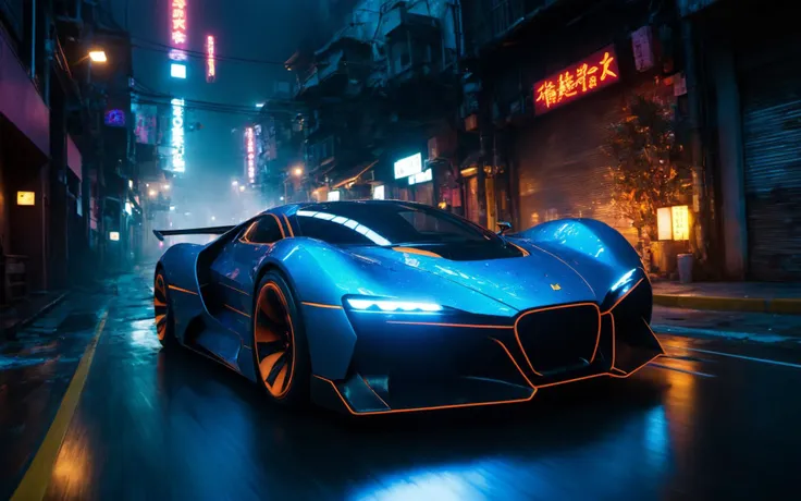 a cyan scifi sportscar futuristic concept car, curvy and aerodynamic, Kowloon walled city, light speed, flash, motion trail, a shining star(sun) in the background, (speed lines:1.1), (motion blur:1.1), high contrast, deep focus, TRON, style by Ridley Scott, Cyberpunk 2077, Bladerunner, fog, mist, epic visual effects, arc lightning, underglow, interstellar, flow, detailed, scifi, extremely detailed textures, star blast, dark vibrant colors, cosmic art, stars in background, cinematic scene, lens flare, cinematic color grading, film still, god rays, glow, art of Doug Chiang and John Park glowneon, film grain, fuji cinestill, light leak, lens flare, glowing, sparks, lightning, ultra detailed  <lora:add-detail-xl:2>, dramatic lighting  <lora:blacklight_makeup_v2:1> ultraviolet blacklight reactive paint, powerlines, catwalks, alleyway  <lora:SDS_Contrast tool_XL:0.2>