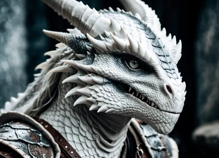 cinematic film still, photo portrait of a white Dragonborn, from Dungeons and Dragons, full plate, intricate tiny scales, highly detailed eyes, analog film grain, extremely detailed, HD textures