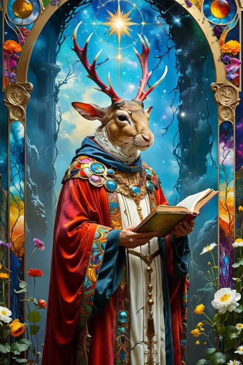 Art Nouveau Style, The Hierophant, major arcana tarot card, "The Hierophant", magical ink, magic qualities, chipped, peeling, cracked, colorful, saturated, textured, luminism, ultra highly detailed, 32k, fantastic realism, complex background, dynamic lighting, highly detailed, intricate, painting, colorful, saturated, textured, luminism, ultra highly detailed, 32k, fantastic realism, complex background, dynamic lighting, highly detailed, intricate, painting, (digital art by Archibald Thorburn and Alfons Purtscher:1.2), aesthetic of realism, newfangled marvelous opus, precise details, future-proof atmosphere, (balanced center composition, :0.1), <lora:xl_more_art-full_v1:0.5> <lora:MJ52:0.5>