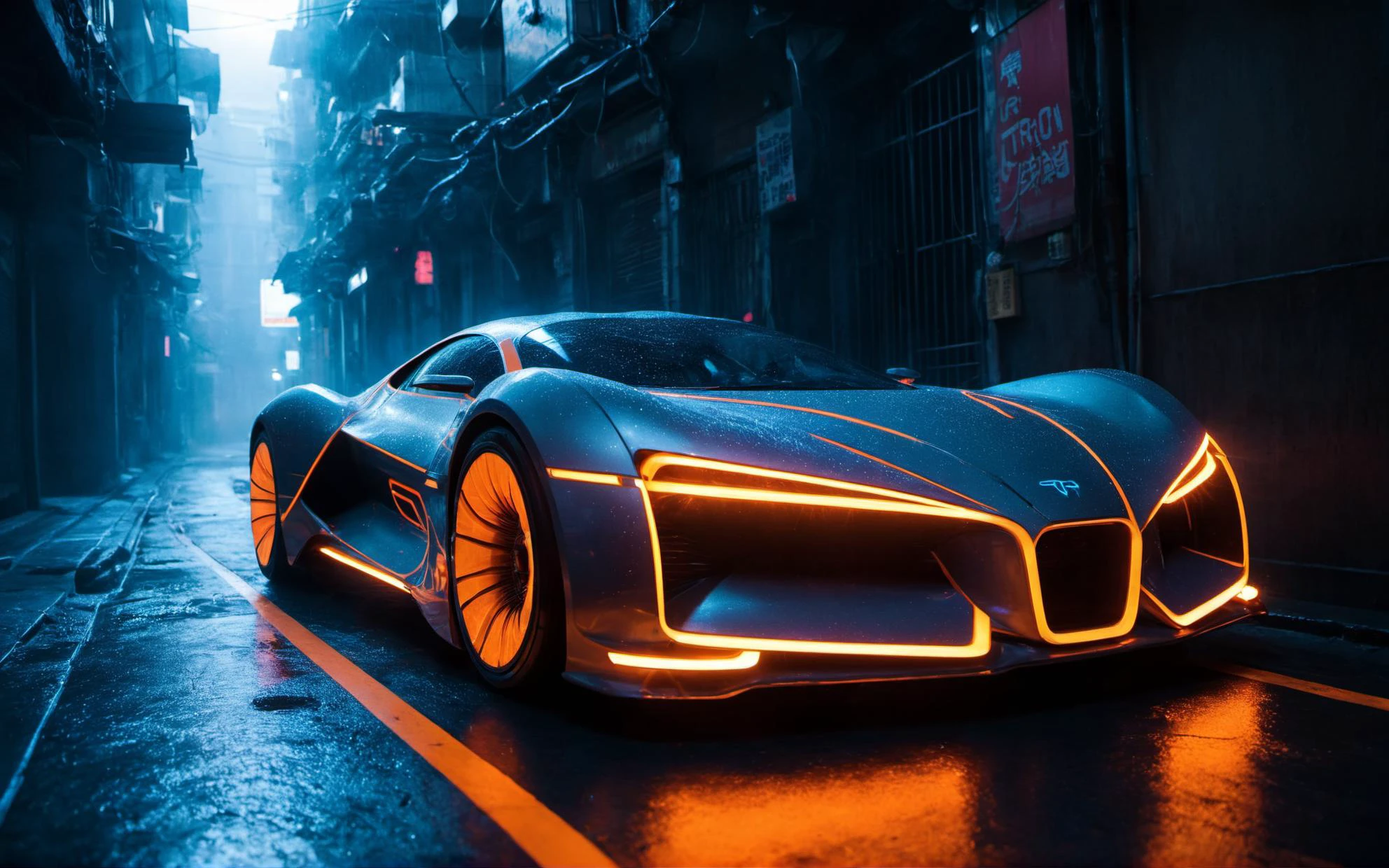 a grey scifi futuristic concept sports car, (TRON rider:1.4), curvy and aerodynamic, Kowloon walled city narrow winding alleyway, light speed, flash, heavy rain, motion trail, a shining star(sun) in the background, (speed lines:1.1), (motion blur:1.1), high contrast, deep focus, TRON, style by Ridley Scott, Cyberpunk 2077, Bladerunner, fog, mist, epic visual effects, arc lightning, underglow, interstellar, flow, detailed, scifi, extremely detailed textures, star blast, dark vibrant colors, cosmic art, stars in background, headlights, cinematic scene, lens flare, cinematic color grading, film still, god rays, glow, art of Doug Chiang and John Park glowneon, fuji cinestill, light leak, glowing, sparks, lightning, ultra detailed <lora:add-detail-xl:2>, dramatic lighting <lora:blacklight_makeup_v2:1> ultraviolet blacklight reactive paint, powerlines, catwalks, alleyway <lora:SDS_Contrast tool_XL:0.8>