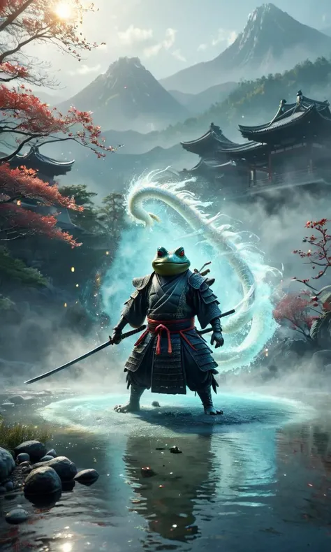 A ninja toad wearing kabuki makeup and costumes and using magic to summon water spirits. with a long katana, fog and swirling pond
Break, Sulfur hot springs in beautiful nature in the background. Ancient White Serpent spirits
Break, full shot, cinematic lighting, dramtic Scene, fantasy, pixar 3D model style,
<lora:XL_Weapon_Katana_-_By_HailoKnight:0.1> katana, <lora:Fantasy_Creatures:0.5>, <lora:eastern_dragon_xl_v1:0.5> eastern dragon, <lora:Particles_Style_SDXL:0.5> ais-particlez