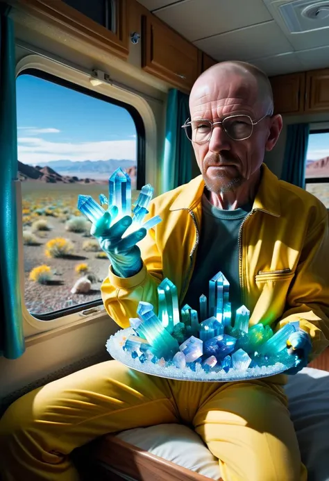 crystalz walter white in yellowhazardsuit (holding tray with light blue crystalz, inside rv with albuquerque desert in window, teal crystals, cyan salt), bald