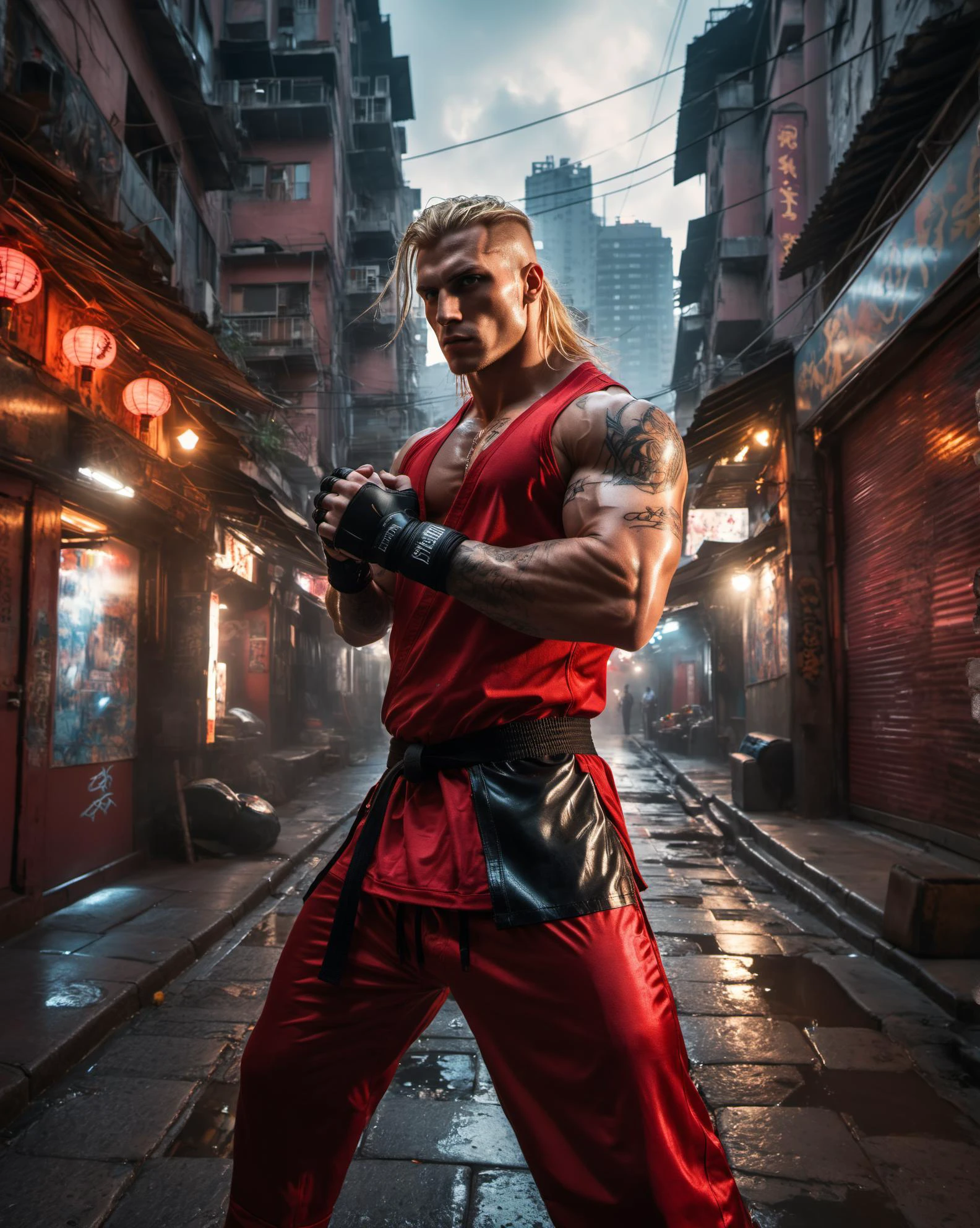 4K portrait photograph of muscular American (Ken from Street Fighter:1.1) (boxing pose:1.2) in cyberpunk Kowloon Walled city at sunset wearing a red karate outfit, tattooed, tattoos, long blonde wind blown hair, sleeve tattoo, Cyberpunk 2077, narrow alley, Bladerunner, backlit, wet cobblestone street, (cinematic lighting:1.3), soft cinematic light, low shot from street level, adobe lightroom, photolab, hdr, immense detail, extreme detail, photorealism, professional photography, shiny, droplet splashes, depth of field <lora:2077_Style:0.8> <lora:add-detail-xl:1>