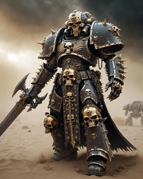 Cinematic scene of a strong human necromancer, wearing massive heavy warhammer 40k chaos marine armor, glowing magical runes, metal spikes, shiny, chrome, extremely detailed armor adorned with golden skulls, adeptus mechanicus, walking through a sandstorm, helmet, mask, sword, detailed textures