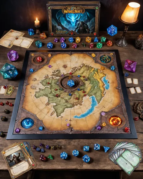 top view of an enormous large living real magical Dungeons & Dragons tabletop board game with Warhammer hero miniature figurines, Magic the Gathering game cards, monster miniatures, torn and worn, map looks to be floating off the paper, sitting on a worn vintage wooden wizard's desk, magical multicolored ink, high quality, imagination, 8k, fantasy art, vivid magical colors, colorful gaming dice, World of Warcraft, Lord of the Rings