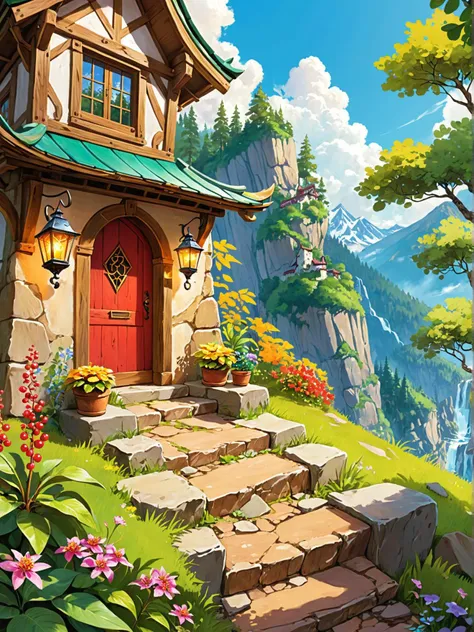 cookbook cover art, appetizing, well lit, colorful, close up in a world filled with vibrant colors and diverse landscapes, our hero embarks on an exciting video game adventure. the journey begins at a charming cottage nestled in the heart of a picturesque mountain village. the cottage, painted in soothing green hues, features a wooden porch adorned with potted plants and flowers in shades of pink, yellow, and orange. two lanterns hang from the porch, casting a warm glow that dances on the stone steps leading up to the entrance. as our hero approaches the door, they notice a map hanging beside it. it details the route to their next destination a mystical forest teeming with hidden treasures and powerful magical artifacts. the forest is a riot of color, with towering trees that reach for the sky and bushes brimming with fiery red berries. a small stream meanders through the forest floor, reflecting the sunlight as it flows gently along its path. our hero takes a deep breath, gathers their courage, and steps into the unknown. as they venture deeper into the forest, they face challenges and obstacles, but also discover allies who share their quest. together, they explore ancient ruins, navigate treacherous caves, and climb towering cliffs. in this world of fantasy and adventure, every corner holds a new surprise. the hero's journey is long and arduous, but the reward at the end is worth it. who knows what treasures await them in the depths of the forest? with determination and courage, only time will tell.