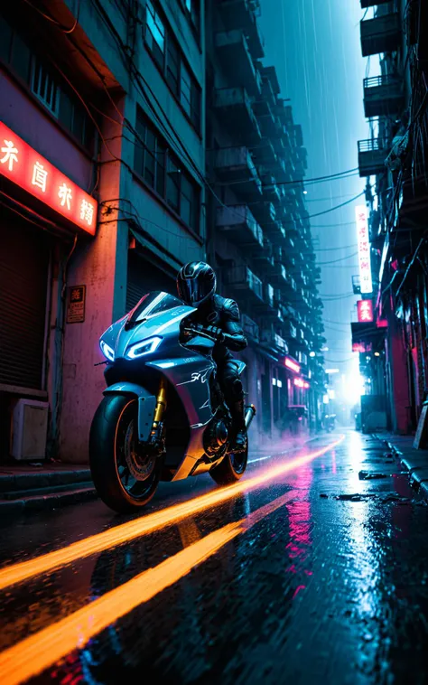 a cyan scifi futuristic concept motorcycle, (TRON rider:1), curvy and aerodynamic, Kowloon walled city narrow winding alleyway, light speed, flash, (heavy rain:1.2), motion trail, darkness, (speed lines:1.1), (motion blur:1.1), high contrast, deep focus, TRON, style by Ridley Scott, Cyberpunk 2077, Bladerunner, fog, mist, epic visual effects, arc lightning, underglow, interstellar, flow, detailed, scifi, extremely detailed textures, star blast, dark vibrant colors, cosmic art, stars in background, headlights, cinematic scene, lens flare, cinematic color grading, film still, god rays, glow, art of Doug Chiang and John Park glowneon, fuji cinestill, light leak, glowing, sparks, lightning, ultra detailed <lora:add-detail-xl:2>, dramatic lighting <lora:blacklight_makeup_v2:1> ultraviolet blacklight reactive paint, powerlines, catwalks, alleyway <lora:SDS_Contrast tool_XL:0.8>
