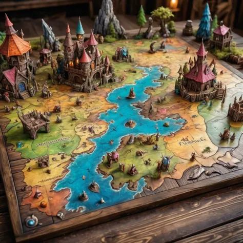 miniature fairyland world, role playing game map on old battered wooden table, full of fantastic creatures, colorful, vibrant colors, deep depth of field, sharp focus <lora:add-detail-xl:2>, 8K ultra HD, high quality, detailed, ultra realistic, masterpiece