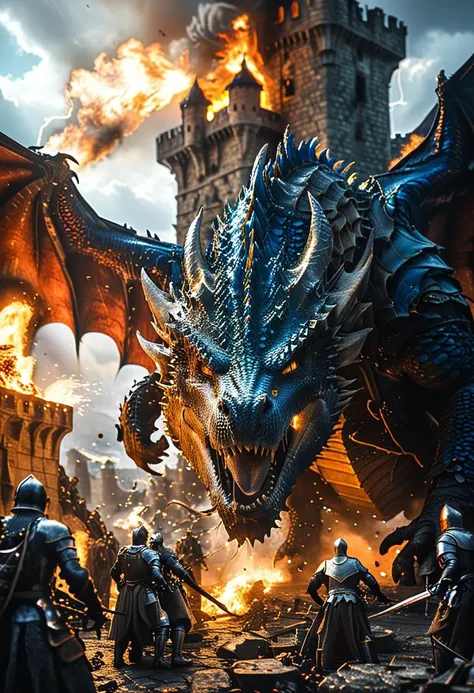 ,very dark focused flash photo, amazing quality, masterpiece, best quality, hyper detailed, ultra detailed, UHD, perfect anatomy, (dark red dragon, dark slate blue dragon, insanely detailed dragons:1.5), portrait, dof, hyper-realism, majestic, (20 heroes, 8Fighter, 4druid, 4ranger, 4wizard:1.4), highly detailed heroes, awesome, inspiring, Capture the thrilling showdown between the twenty heroes and multiple colossal dragons boss in an epic battle amidst explosions and lightning blasts, siege engines and siege towers, Embrace the action and chaos as these formidable forces clash on rooftops in a insanely detailed large medieval castle town. cinematic composition, soft shadows, national geographic style, great lighting,
<lora:add-detail-xl:0.55>, <lora:great_lighting:3> <lora:XL_boss_battle:0.85>, bosstyle , <lora:zavy-cntrst-sdxl:0.6> , <lora:MJ52:0.8>