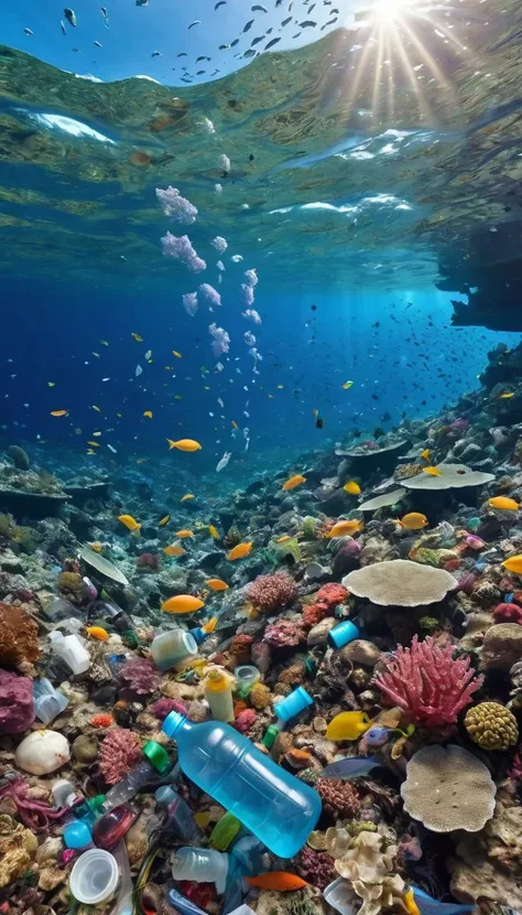 underwater photo showing water pollution, plastic garbage, plastic bags, plastic bottles, fish skeletons, coral reef, vivid colors, wide lens shot, 8K ultra HD, high quality, detailed, ultra realistic, masterpiece