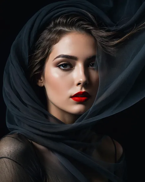 In this masterpiece of photography, captured by a Fujifilm camera, a minimalist black background serves as the canvas for an exquisite portrait. The woman's face emerges, partially obscured by sheer transparent flowing fabric, creating an enigmatic and mysterious atmosphere. Sharp red lipstick accentuates her lips, adding a striking contrast against the dark tones of the composition. With ultra-realistic precision, every detail is rendered in insanely high resolution, making the image come alive in 8K HDR. The subtle gradient backdrop enhances the tranquil yet evocative aura, while the conceptual portraiture delves into the depths of perception. This stunning portrayal, enriched with a play on perception and visual metaphor, transports the viewer into a realm of surreal calm, where the beauty of minimalist abstraction meets the complexity of the human psyche.