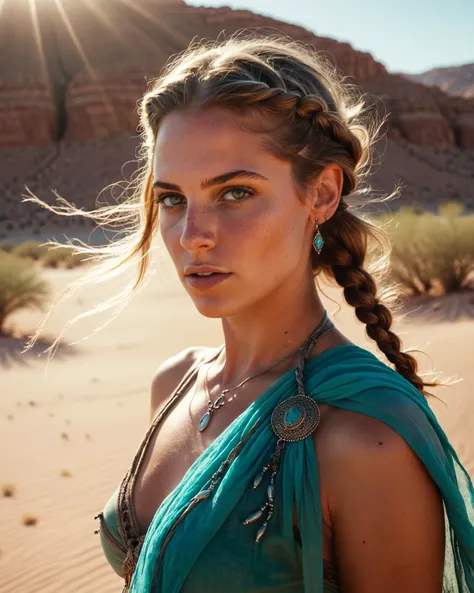 1girl, photograph of a young gypsy woman looking over shoulder at viewer, tiny transparent shawl, ((partially braided sunkissed hair blowing in the wind)), ((backlighting)), (cinematic color grading:1.2), turquoise and silver jewelry, large statement amulet, epic, perfect female face, realism, Beautiful desert dusk, light leak, lens flare, aesthetic, realism, masterpiece, studio quality, warm Cinematic lighting, HDR, HQ, 8k, 4k, Amazing, Photorealistic, Hyper realistic, light rays, f2.0, dust particles, sharp focus, light particles  <lora:add-detail-xl:1>, backlit, dark moody lighting