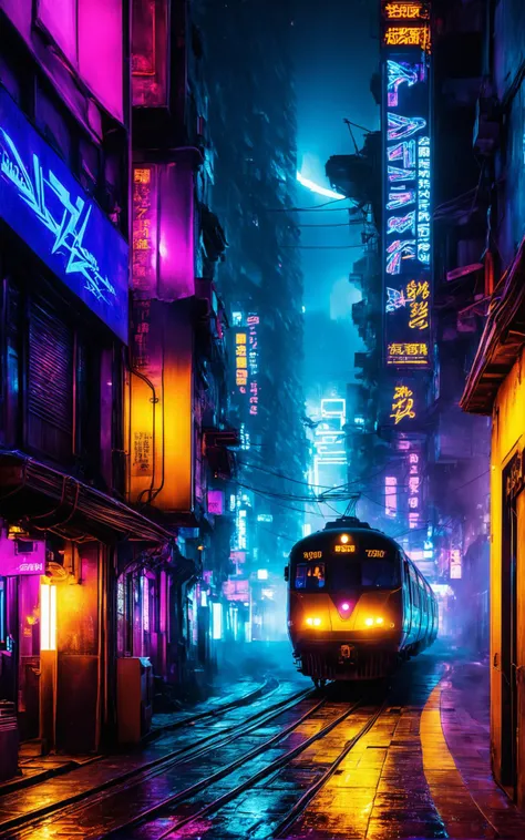 a scifi futuristic concept (steam train:1.2), curvy and aerodynamic, Kowloon walled city narrow winding alleyway, light speed, flash, heavy rain, motion trail, a shining star(sun) in the background, (speed lines:1.1), (motion blur:1.1), high contrast, deep focus, TRON, style by Ridley Scott, Cyberpunk 2077, Bladerunner, fog, mist, epic visual effects, arc lightning, underglow, interstellar, flow, detailed, scifi, extremely detailed textures, star blast, dark vibrant colors, cosmic art, stars in background, headlights, cinematic scene, lens flare, cinematic color grading, film still, god rays, glow, art of Doug Chiang and John Park glowneon, fuji cinestill, light leak, glowing, sparks, lightning, ultra detailed <lora:add-detail-xl:2>, dramatic lighting <lora:blacklight_makeup_v2:1> ultraviolet blacklight reactive paint, powerlines, catwalks, alleyway <lora:SDS_Contrast tool_XL:0.8> <lora:Halcyon Cyberpunk Style:0.85>