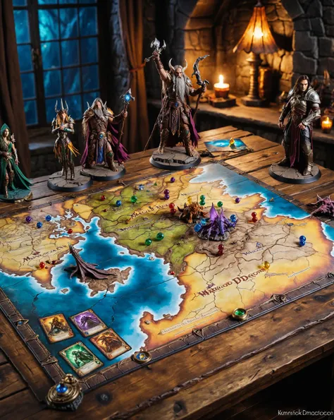 an enormous large living real magical Dungeons & Dragons tabletop board game with Warhammer hero miniature (action figurines:1.1), Magic the Gathering game cards, tilt shift lens effect, monster miniatures, torn and worn, map looks to be floating off the paper, sitting on a worn vintage wooden wizard's desk, magical multicolored ink, high quality, imagination, 8k, fantasy art, vivid magical colors, colorful gaming dice, World of Warcraft, Lord of the Rings, depth of field, bokeh