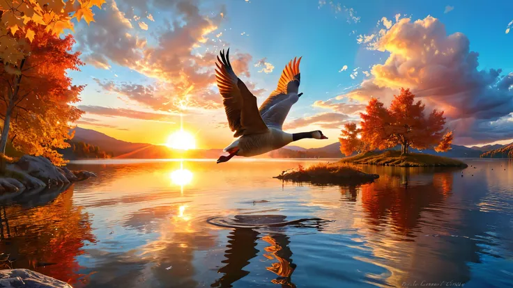 best quality,HDR,UHD,8K,best quality,masterpiece,Fantasy, digital painting,
(a huge sun:1,4),[orange|red] sun,[orange|yellow] sky,(A wild goose is flying:1.5),It spreads its wings,exaggerated posture,(dynamic poses:1.2),(Fire burns clouds:1.3),(golden maple leaves:1.3),(A lake:1.3),(blue lake water:1.3),(The calm lake water is like a mirror:1.4),(reflection of mirror:1.3),,dazzling light,beautiful scenery,Intricate details,Sunset, setting sun, golden hour,(autumn:1.3),
magnificent scene,A magnificent picture, an amazing picture,unforgettable,ultra wide angle lens,Dream Scenery,(large depth of field:1.4),
 <lora:Dream Scenery XL:0.8>, <lora:add_detail:0.6>,