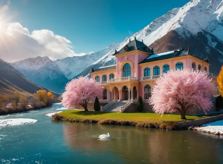 (masterpiece:1.2), best quality, multicolored, masterpiece, best quality,((an extremely delicate and beautiful)), floating, (detailed light), feather, nature, (sunlight), river, floating palace, beautiful and delicate water, (bloom), (shine), colorful, panorama, landscape, Colorful portraits, dynamic lighting, vast open view in the background, mountains, hills, trees, snow, clouds,  35mm photograph, film, bokeh, professional, 4k, highly detailed dynamic lighting, photorealistic, 8k, raw, rich, intricate details, key visual, vivid colors