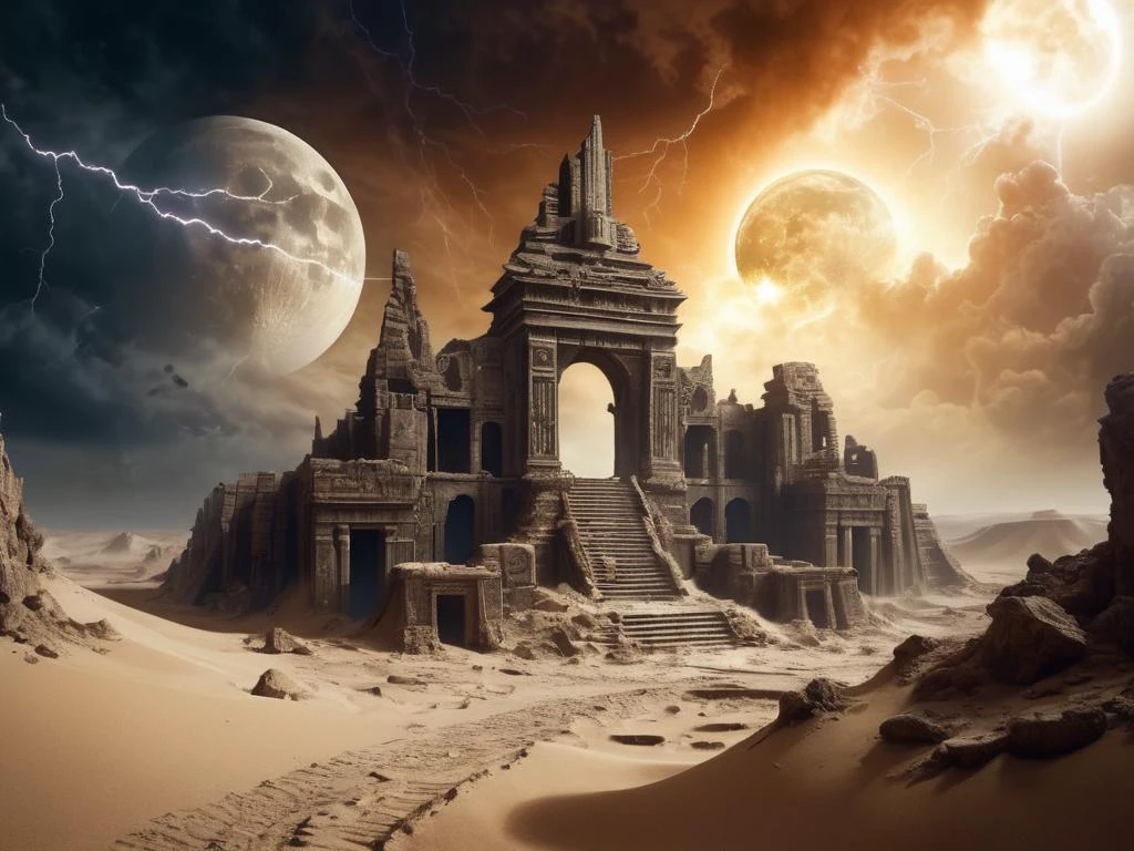 a labyrinth of ancient ruins on an unknown planet, emerging from the darkness, a forgotten city, covered in sand and dust, sun and mystical large moon through a thunderous clouds